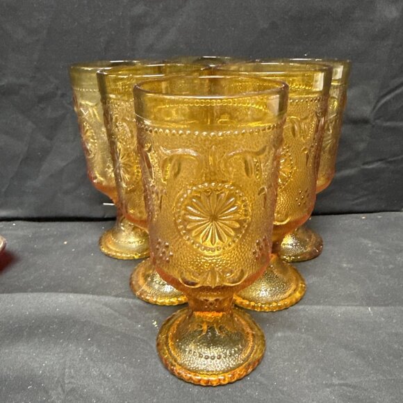 6 Vintage Brockway Glass American Concord Amber Footed Tumblers / Goblets 9oz - Picture 1 of 4